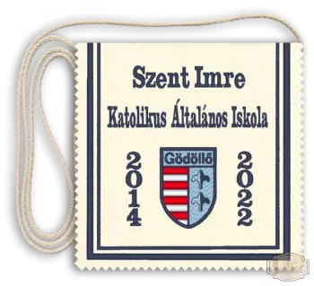 Polifilc alapon Iskolacímerrel hímzett Ballagási tarisznya, pamut zsinórral - Szent Imre Katolikus Ált.Isk. - Gödöllő