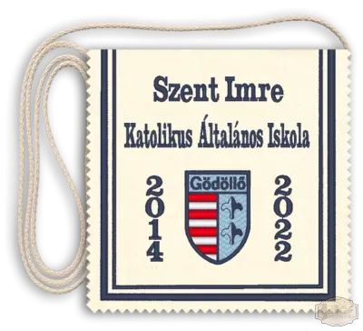 Polifilc alapon Iskolacímerrel hímzett Ballagási tarisznya, pamut zsinórral - Szent Imre Katolikus Ált.Isk. - Gödöllő