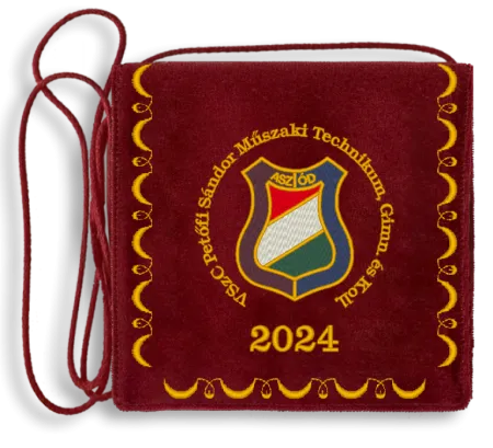 Bársony alapon Iskolacímerrel hímzett Ballagási tarisznya, pamut zsinórral - Petőfi Sándor Műszaki Technikum - Aszód