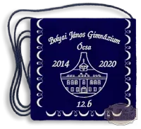 Bársony alapra Iskolacímerrel hímzett Ballagási tarisznya, pamut zsinórral - Bolyai János Gimnázium - Ócsa