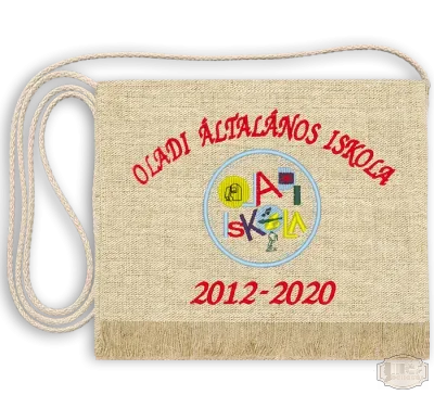 Vászon alapon hímzett Ballagási tarisznya, pamut zsinórral - Oladi Általános Iskola - Szombathely