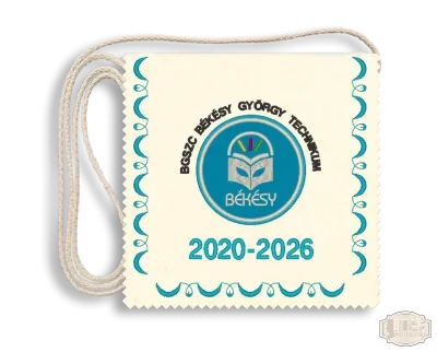 Ballagási tarisznya Polifilc alapon Iskolacímerrel hímzett Békésy - Budapest