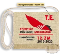 Vászon iskola logós hímzett Ballagási tarisznya, pamut zsinórral, monogrammal - Művészeti Szakgimnázium - Nyíregyháza