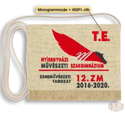 Vászon iskola logós hímzett Ballagási tarisznya, pamut zsinórral, monogrammal - Művészeti Szakgimnázium - Nyíregyháza