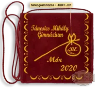 Bársony Iskolacímerrel hímzett Ballagási tarisznya, monogrammal, pamut zsinórral - Táncsis Mihály Gimnázium - Mór