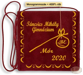 Bársony Iskolacímerrel hímzett Ballagási tarisznya, monogrammal, pamut zsinórral - Táncsis Mihály Gimnázium - Mór