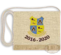 Vászon iskola logós hímzett Ballagási tarisznya, pamut zsinórral - Jurisich Miklós Gimnázium - Kőszeg