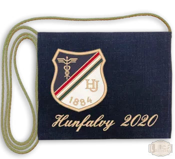 Farmer alapon gépi hímzett iskolaemblémás Ballagási tarisznya, pamut zsinórral - Hunfalvy János - Budapest