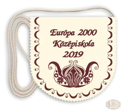 Ballagási tarisznya. Polifilc alapon Iskolanévvel hímezve, évszámmal, stilizált mintával - pamut zsinórral