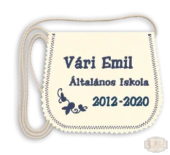 Polifilc alapon egyszerű hímzett ballagási tarisznya, iskola név felirattal, évszámpárral, stilizált mintával - pamut zsinórral