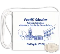 Fehér vászon festett Ballagási tarisznya egyedi iskola logóval - Petőfi Vecsés