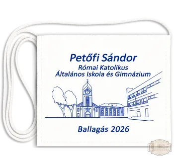 Fehér vászon festett Ballagási tarisznya egyedi iskola logóval - Petőfi Vecsés