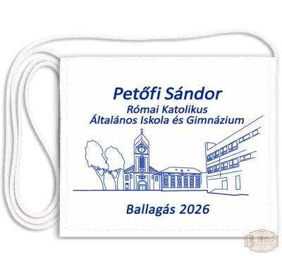 Fehér vászon festett Ballagási tarisznya egyedi iskola logóval - Petőfi Vecsés