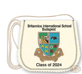 Ballagási tarisznya Britannica International School Polifilc alapon Iskolacímerrel hímzett - Budapest.