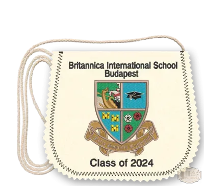 Ballagási tarisznya Britannica International School Polifilc alapon Iskolacímerrel hímzett - Budapest.